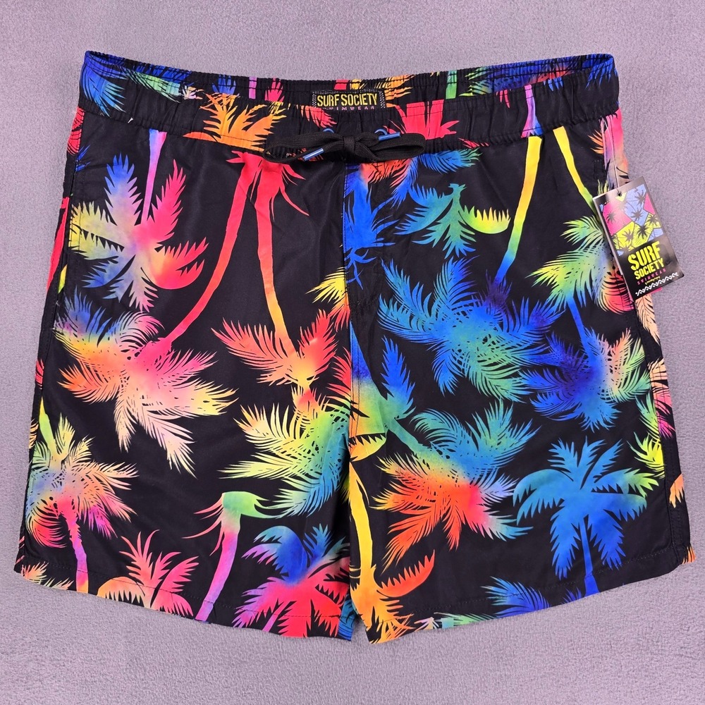 New Surf Society Swim Trunks Men's Large Rainbow Palm Trees Black Shorts‎ Pride